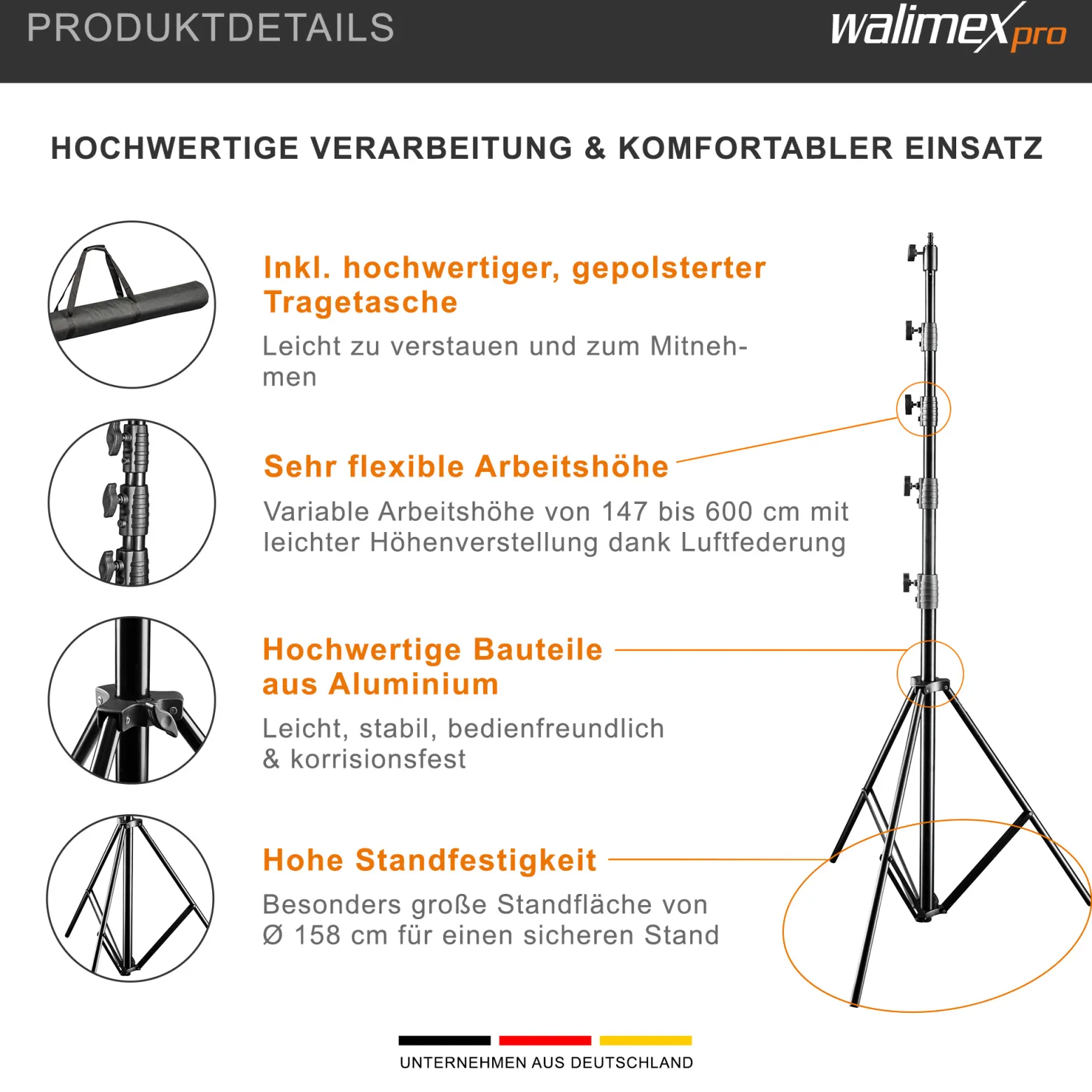 Walimex pro AIR Jumbo 600 Lampenstativ max. Höhe 600 cm, Lichtstativ mit 22,5 kg Traglast und Luftdämpfung, Blitzstativ aus Aluminium, Dreibeinstativ für Fotostudio, Film, Bühne und Outdoor