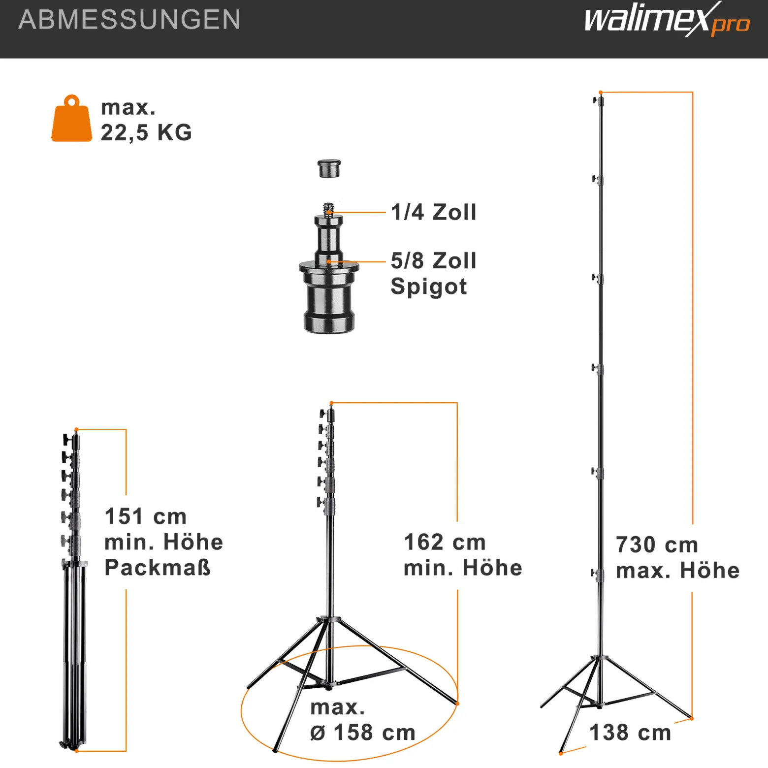 Walimex pro AIR Jumbo 730 Lampenstativ max. Höhe 730 cm, Lichtstativ mit 22,5 kg Traglast und Luftdämpfung, Blitzstativ aus Aluminium, Dreibeinstativ für Fotostudio, Film, Bühne und Outdoor
