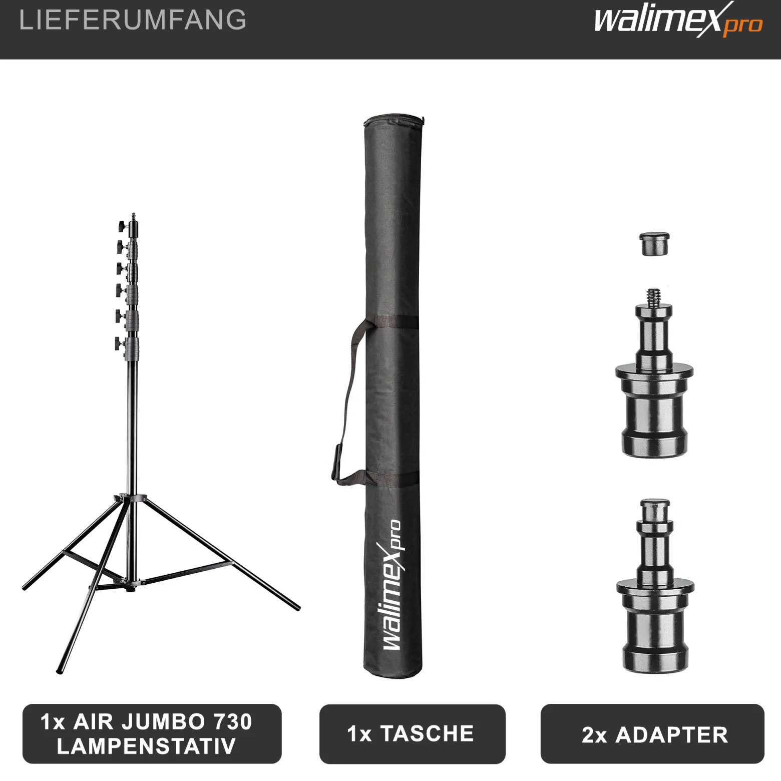 Walimex pro AIR Jumbo 730 Lampenstativ max. Höhe 730 cm, Lichtstativ mit 22,5 kg Traglast und Luftdämpfung, Blitzstativ aus Aluminium, Dreibeinstativ für Fotostudio, Film, Bühne und Outdoor