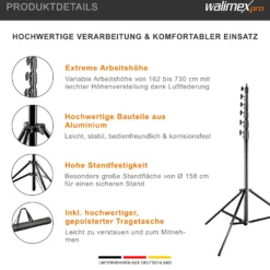 Walimex pro AIR Jumbo 730 Lampenstativ max. Höhe 730 cm, Lichtstativ mit 22,5 kg Traglast und Luftdämpfung, Blitzstativ aus Aluminium, Dreibeinstativ für Fotostudio, Film, Bühne und Outdoor