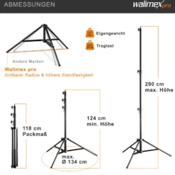 Walimex pro AIR Jumbo 290 Lampenstativ max. Höhe 290 cm, Lichtstativ mit 20 kg Traglast und Luftdämpfung, Blitzstativ aus Aluminium, Dreibeinstativ für Fotostudio, Film, Bühne und Outdoor