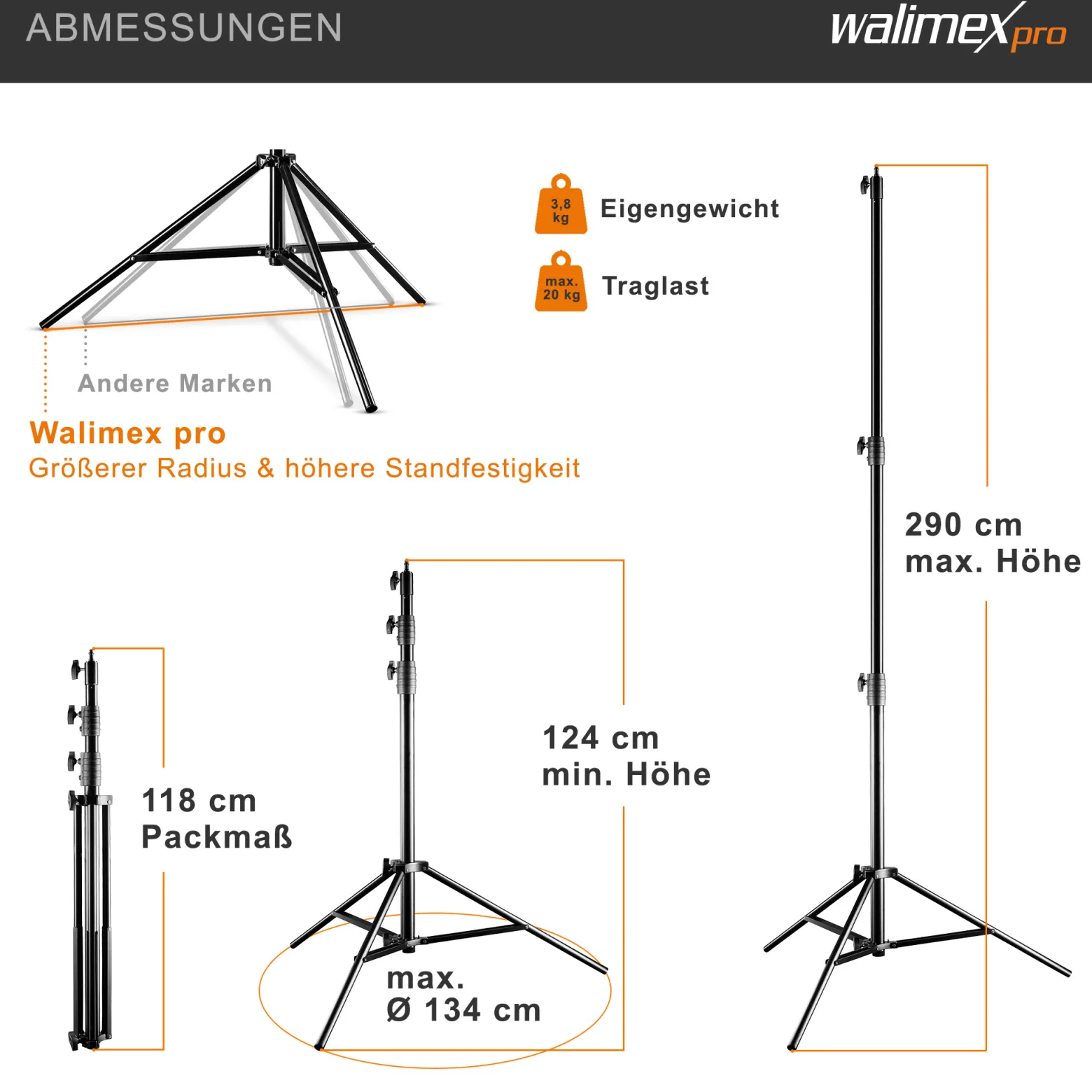 Walimex pro AIR Jumbo 290 Lampenstativ max. Höhe 290 cm, Lichtstativ mit 20 kg Traglast und Luftdämpfung, Blitzstativ aus Aluminium, Dreibeinstativ für Fotostudio, Film, Bühne und Outdoor