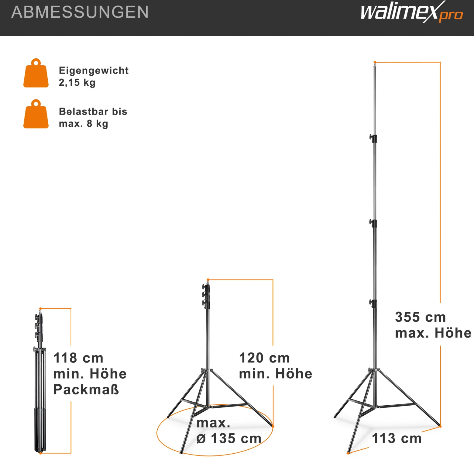 Walimex pro AIR 355 Lampenstativ max. Höhe 355 cm, Lichtstativ mit Luftfederung, Blitzstativ mit 8 kg Traglast, Dreibeinstativ aus Aluminium, Leuchtenstativ für Fotografie, Studio und Outdoor