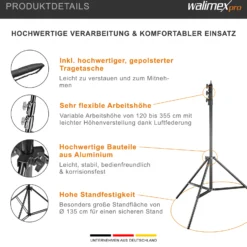 Walimex pro AIR 355 Lampenstativ max. Höhe 355 cm, Lichtstativ mit Luftfederung, Blitzstativ mit 8 kg Traglast, Dreibeinstativ aus Aluminium, Leuchtenstativ für Fotografie, Studio und Outdoor