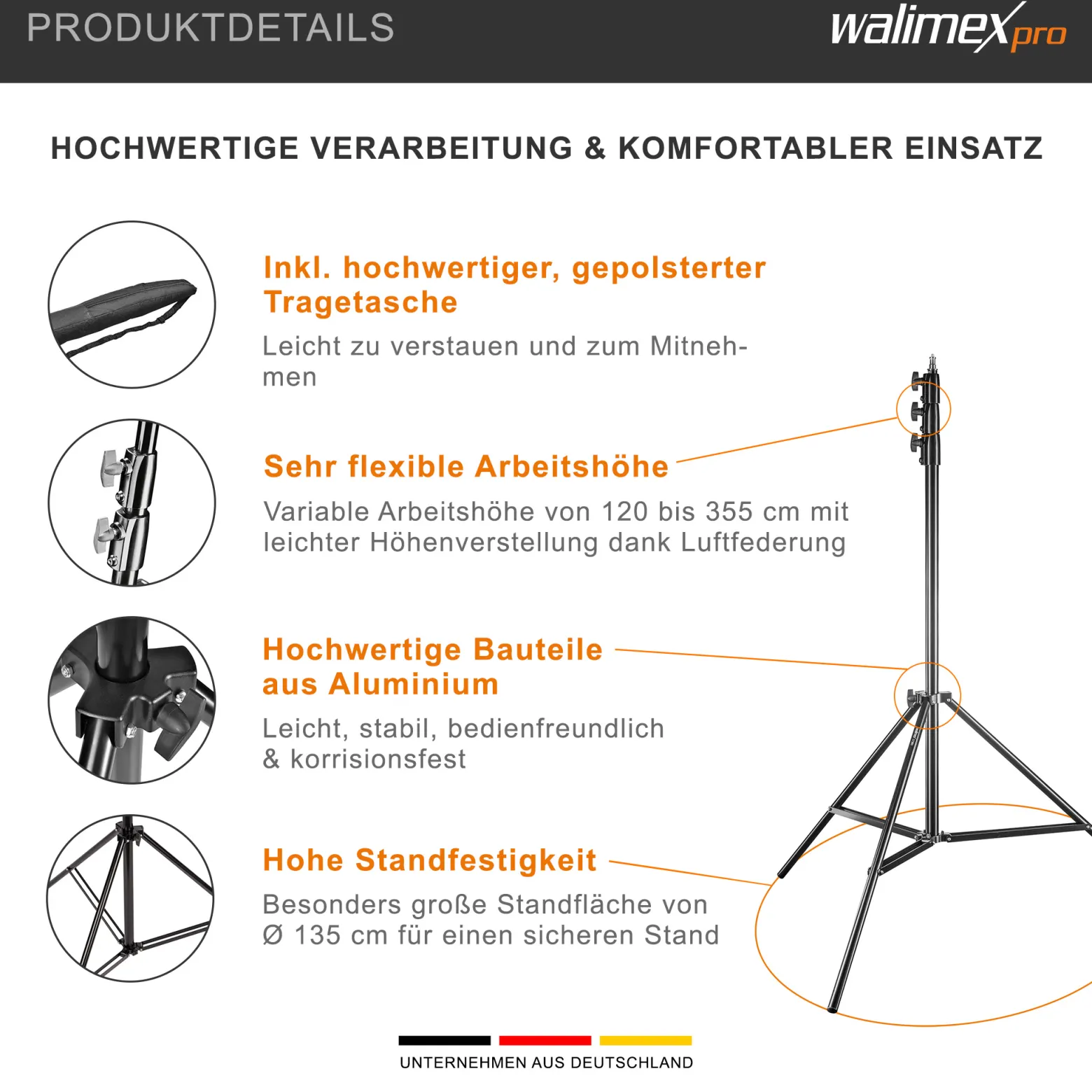 Walimex pro AIR 355 Lampenstativ max. Höhe 355 cm, Lichtstativ mit Luftfederung, Blitzstativ mit 8 kg Traglast, Dreibeinstativ aus Aluminium, Leuchtenstativ für Fotografie, Studio und Outdoor