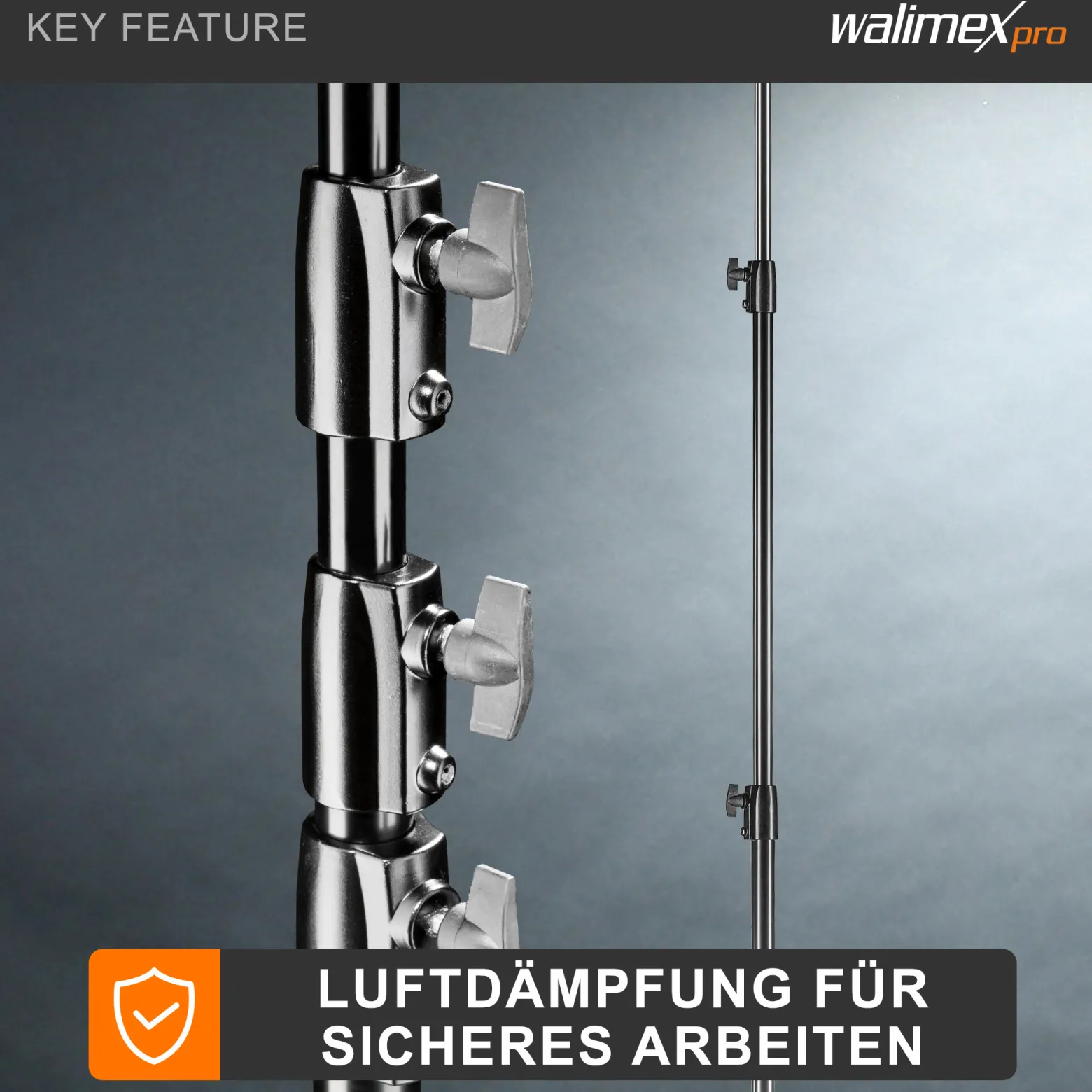 Walimex pro AIR 355 Lampenstativ max. Höhe 355 cm, Lichtstativ mit Luftfederung, Blitzstativ mit 8 kg Traglast, Dreibeinstativ aus Aluminium, Leuchtenstativ für Fotografie, Studio und Outdoor