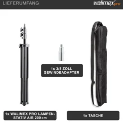 Walimex pro AIR 200 Lampenstativ höhenverstellbar bis 200 cm, Lichtstativ aus Aluminium mit Luftfederung, Blitzstativ bis 4,5 kg Traglast, Leuchtenstativ mit Tasche für Fotostudio und Outdoor