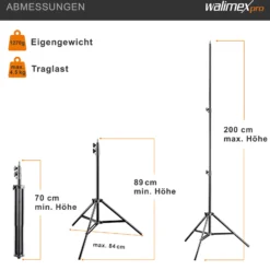 Walimex pro AIR 200 Lampenstativ höhenverstellbar bis 200 cm, Lichtstativ aus Aluminium mit Luftfederung, Blitzstativ bis 4,5 kg Traglast, Leuchtenstativ mit Tasche für Fotostudio und Outdoor
