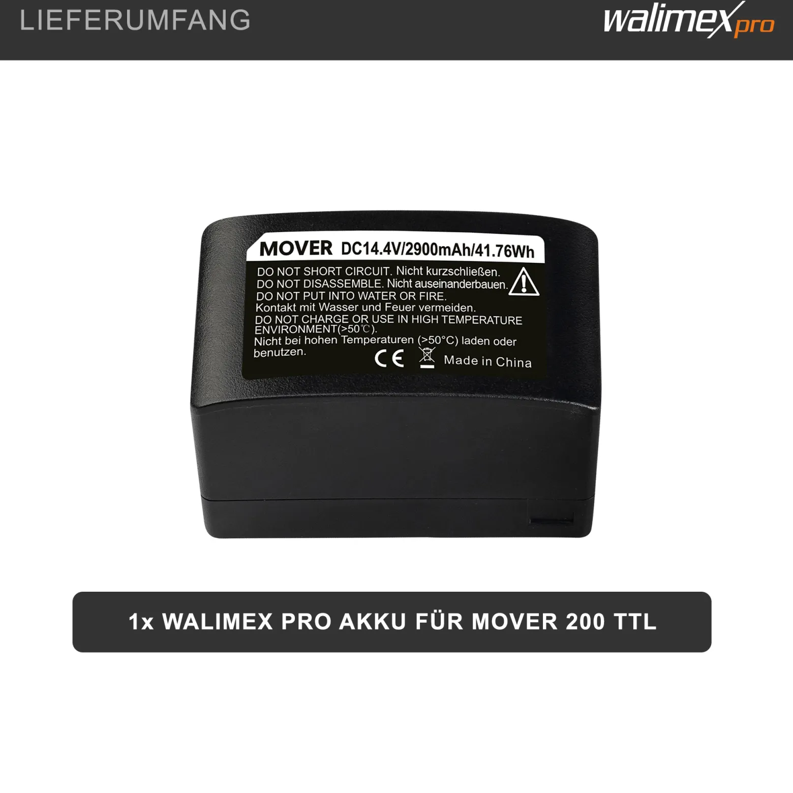 Walimex pro Akku 2900mAh 14,4V für Mover 200 TTL – 41,76 Wh – Li-Ionen Technologie, kein Memoryeffekt – Fotoequipement für Shootings drinnen und draußen – Ersatzakku für Studio-Akkublitz