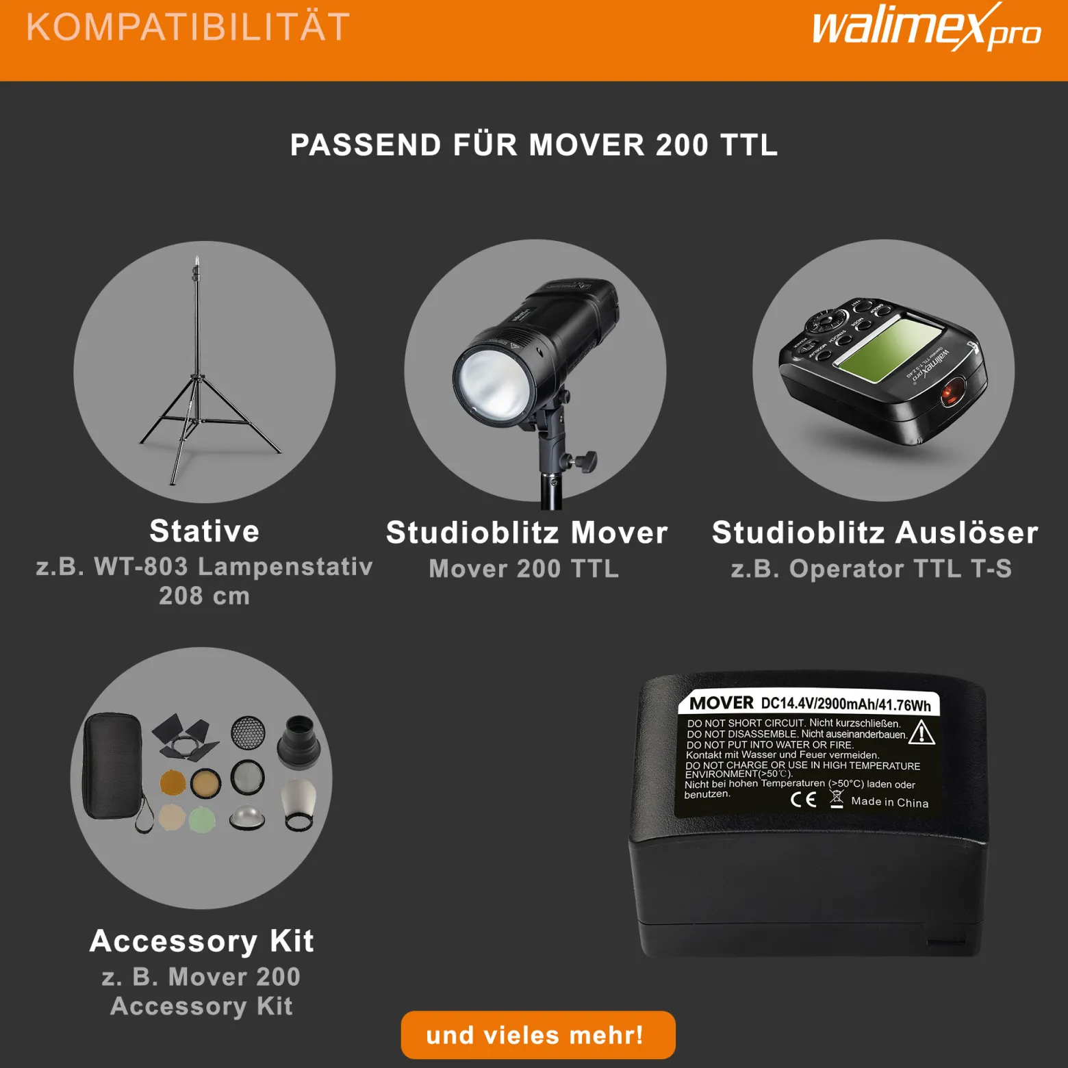 Walimex pro Akku 2900mAh 14,4V für Mover 200 TTL – 41,76 Wh – Li-Ionen Technologie, kein Memoryeffekt – Fotoequipement für Shootings drinnen und draußen – Ersatzakku für Studio-Akkublitz