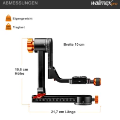 Walimex pro Aluminium Gimbal Head Stativkopf A20 Affenschaukel - 217 x 64 x 196 mm / Traglast 20 kg - mit 360° Panorama Stativkopf / Arca Schnellwechselplatte / Tasche - für DSLR DSLM Objektiv