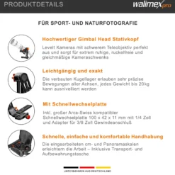 Walimex pro Aluminium Gimbal Head Stativkopf A20 Affenschaukel - 217 x 64 x 196 mm / Traglast 20 kg - mit 360° Panorama Stativkopf / Arca Schnellwechselplatte / Tasche - für DSLR DSLM Objektiv