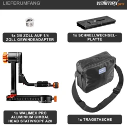 Walimex pro Aluminium Gimbal Head Stativkopf A20 Affenschaukel - 217 x 64 x 196 mm / Traglast 20 kg - mit 360° Panorama Stativkopf / Arca Schnellwechselplatte / Tasche - für DSLR DSLM Objektiv