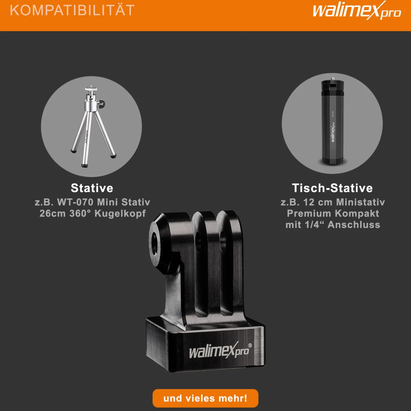 Walimex pro Aluminium Stativadapter - 23 x 25 x 38 mm - aus eloxiertes Aluminium - 1/4 Zoll auf Mount - kompatibel mit GoPro, für Hero 11 10 9 8 7 6 5 4 3+, Session und andere Action Cams