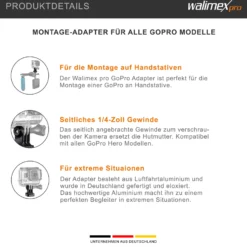 Walimex pro Aluminium Stativadapter - 23 x 25 x 38 mm - aus eloxiertes Aluminium - 1/4 Zoll auf Mount - kompatibel mit GoPro, für Hero 11 10 9 8 7 6 5 4 3+, Session und andere Action Cams