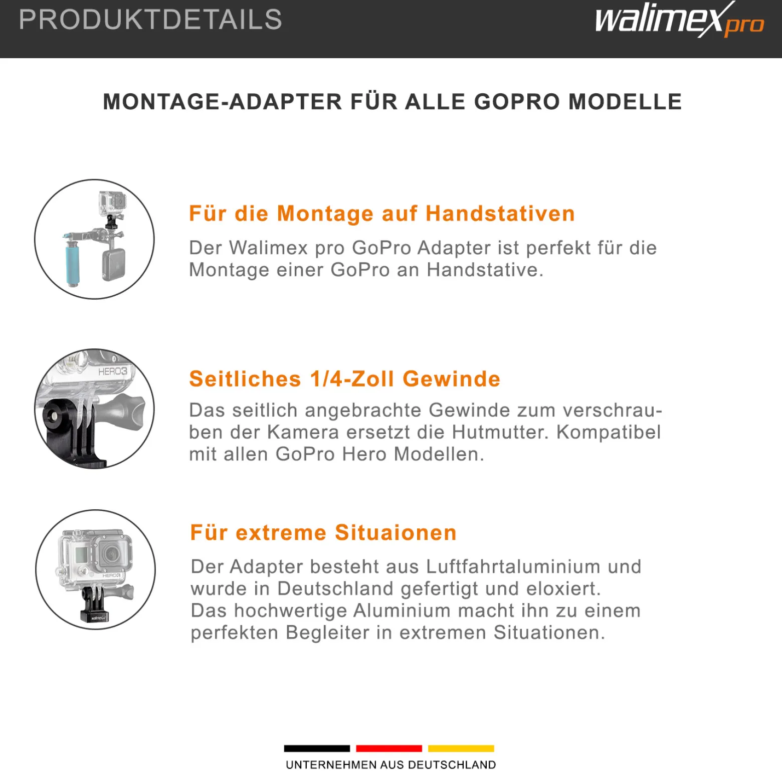 Walimex pro Aluminium Stativadapter - 23 x 25 x 38 mm - aus eloxiertes Aluminium - 1/4 Zoll auf Mount - kompatibel mit GoPro, für Hero 11 10 9 8 7 6 5 4 3+, Session und andere Action Cams