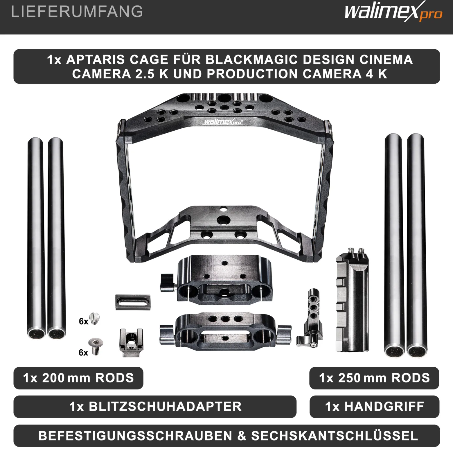 Walimex pro Aptaris Blackmagic Cinema Set Video Cage Rig System (inkl. Rodmodul 15 mm) für BMC - aus Alu und Stahl - Kamerakäfig Rahmen kompatibel mit vielen Marken - Kamerazubehör