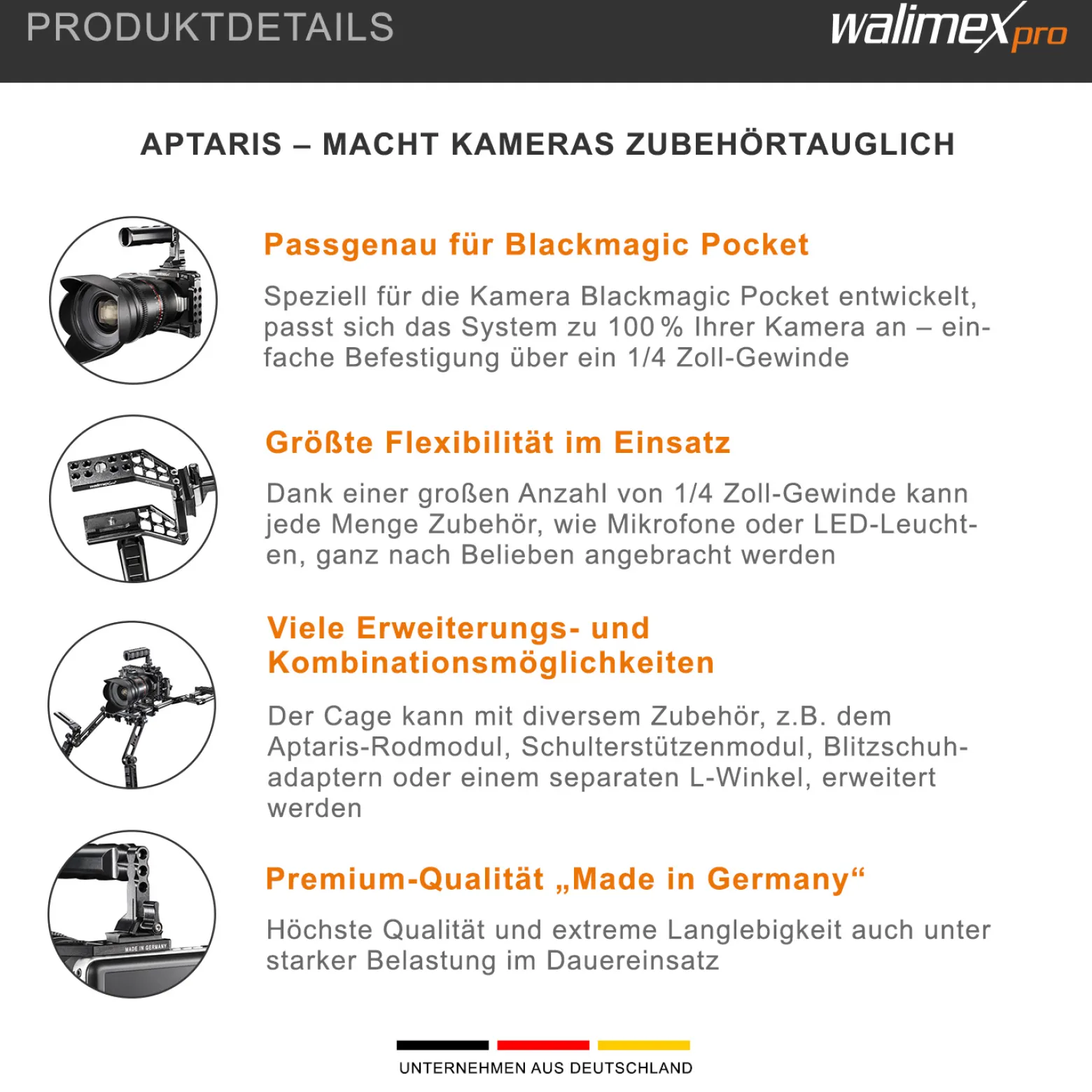Walimex pro Aptaris Cage-System für Black Magic Pocket - zahlreiche 1/4" Gewinde - Kamerakäfig Rahmen kompatibel mit vielen Marken - Kamerazubehör
