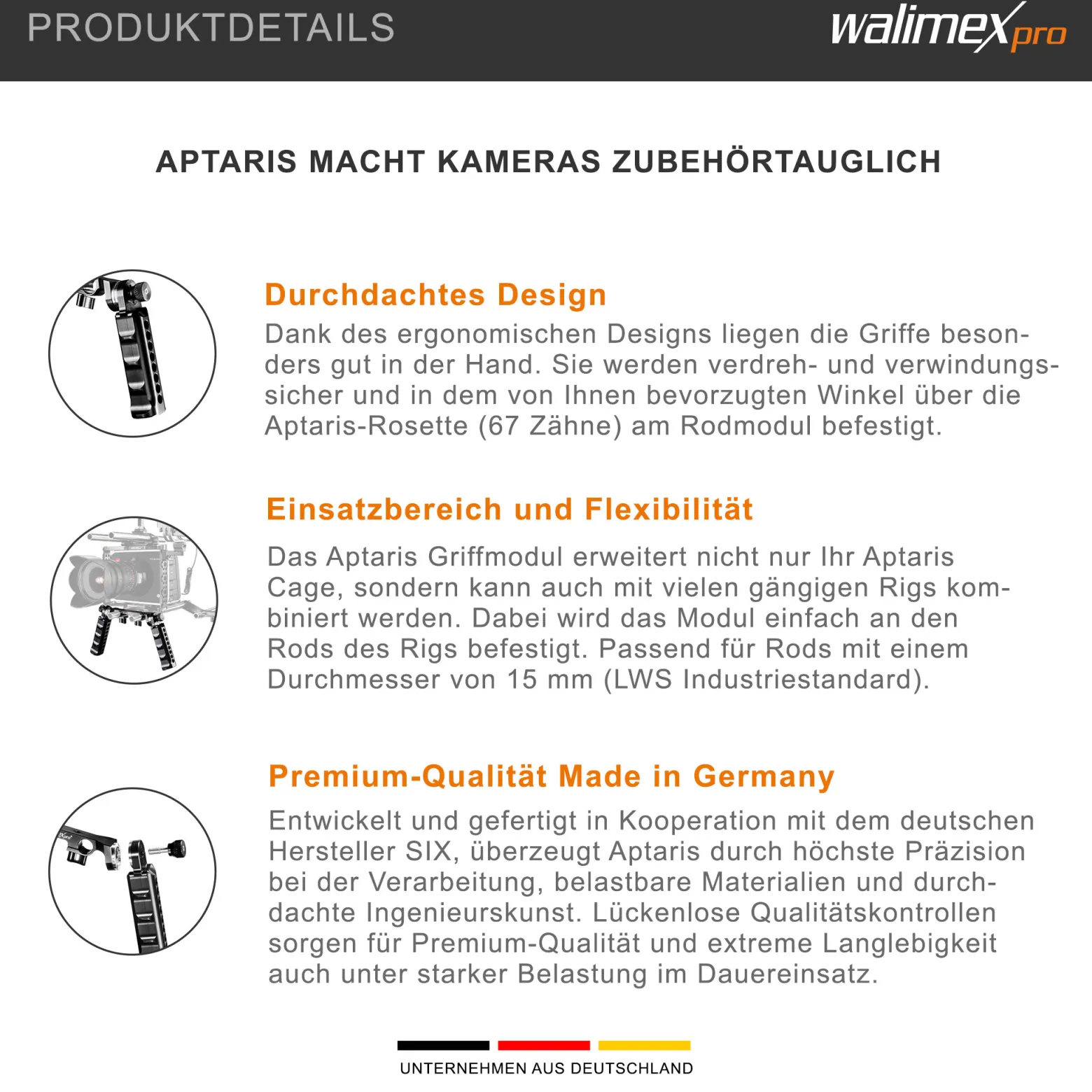 Walimex pro Aptaris Griffmodul - passend für DSLR und Camcorder - aus Aluminium - kompatibel mit vielen Marken - passend für 15 mm Rods - Kamerazubehör