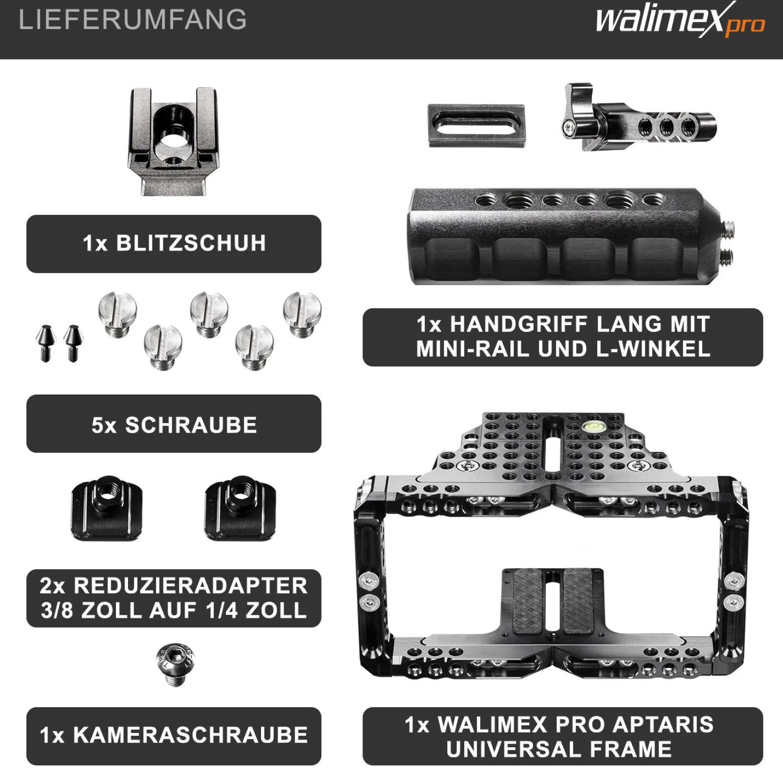 Walimex pro Aptaris Universal Frame - Länge 78-130 mm / Breite 160-252 mm - Kamera Käfig passend für DSLR und Camcorder - aus Aluminium - Rahmen kompatibel mit vielen Marken - Kamerazubehör