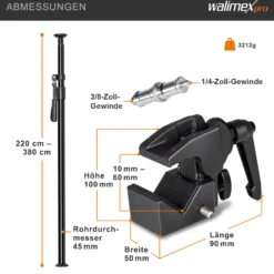Walimex pro Autopole 220-380 cm inkl. Superklemme und Spigot – 45 x 127 x 2160 mm – max. Traglast 15 kg – Aluminium – für Hintergründe, Leuchten – zum Einspannen zwischen Boden und Decke