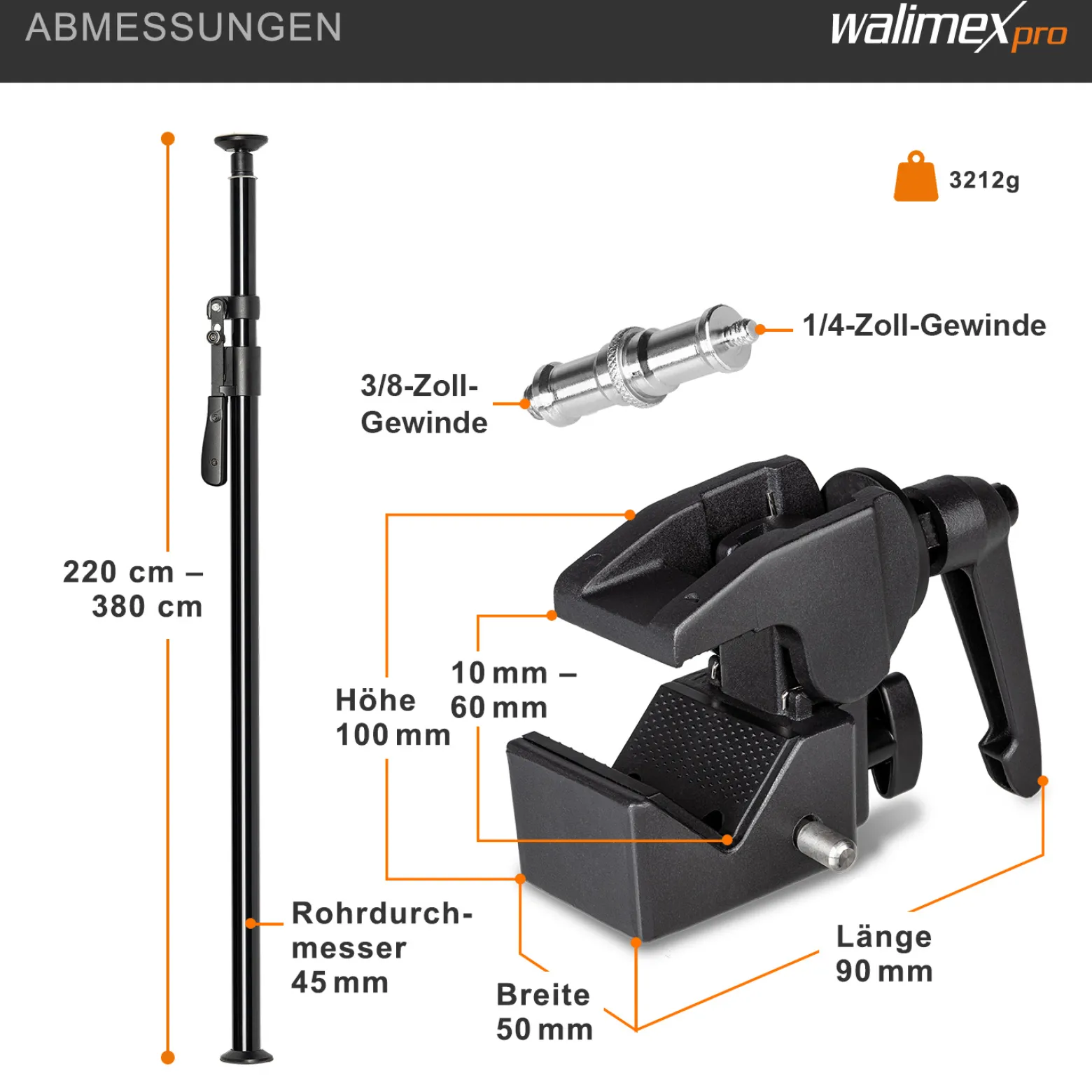 Walimex pro Autopole 220-380 cm inkl. Superklemme und Spigot – 45 x 127 x 2160 mm – max. Traglast 15 kg – Aluminium – für Hintergründe, Leuchten – zum Einspannen zwischen Boden und Decke