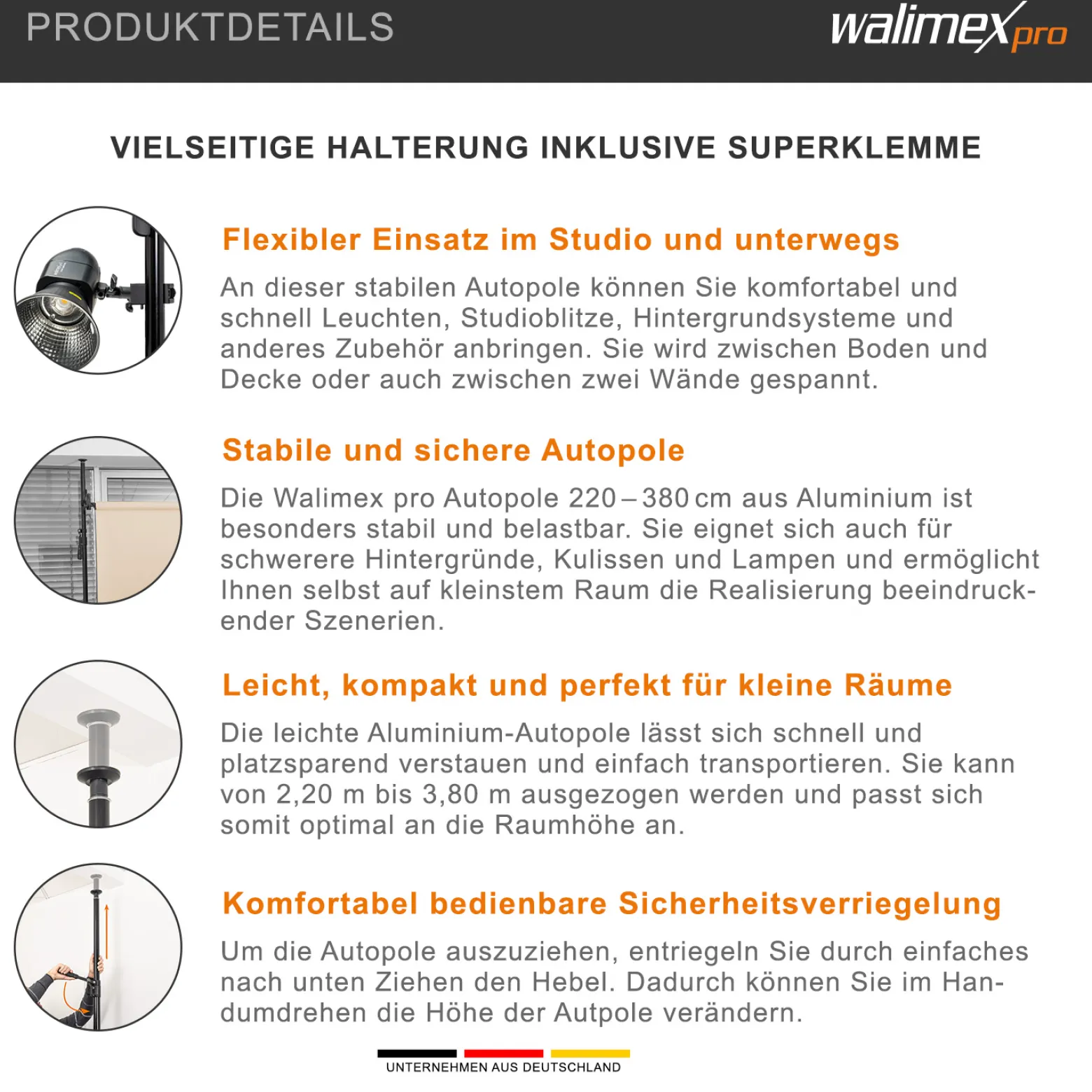 Walimex pro Autopole 220-380 cm inkl. Superklemme und Spigot – 45 x 127 x 2160 mm – max. Traglast 15 kg – Aluminium – für Hintergründe, Leuchten – zum Einspannen zwischen Boden und Decke