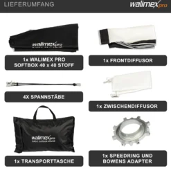 Walimex pro Basic Softbox 40 x 40 cm, um 360° drehbar, inkl Front- und Zwischendiffusor, Transporttasche, Bowens Adapter, ideal für Produkt- und Peoplefotografie