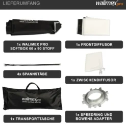 Walimex pro Basic Softbox 60 x 90 cm, um 360° drehbar, inkl Front- und Zwischendiffusor, Bowens Adapter, Transporttasche, Soft Box für Fotostudio, ideal für professionelles Studiolicht