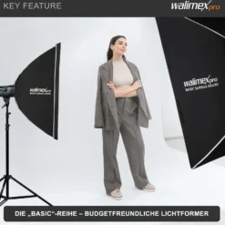 Walimex pro Basic Softbox 60 x 90 cm, um 360° drehbar, inkl Front- und Zwischendiffusor, Bowens Adapter, Transporttasche, Soft Box für Fotostudio, ideal für professionelles Studiolicht