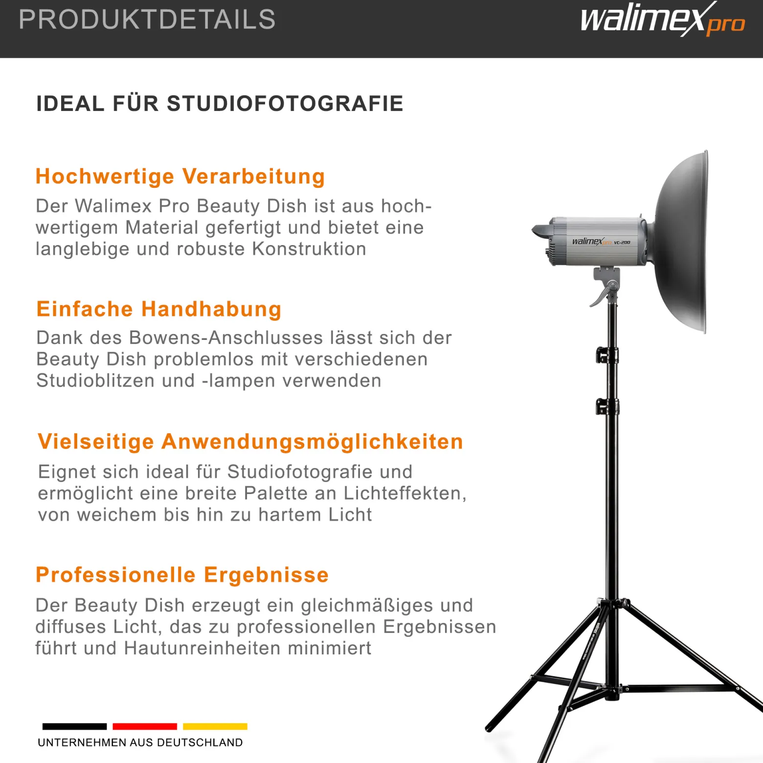 Walimex pro Beauty Dish Ø 40 cm Lichtformer für Bowens & Walimex pro Anschluss, Reflektor für weiches Licht, ideal für Portät und Beautyfotografie