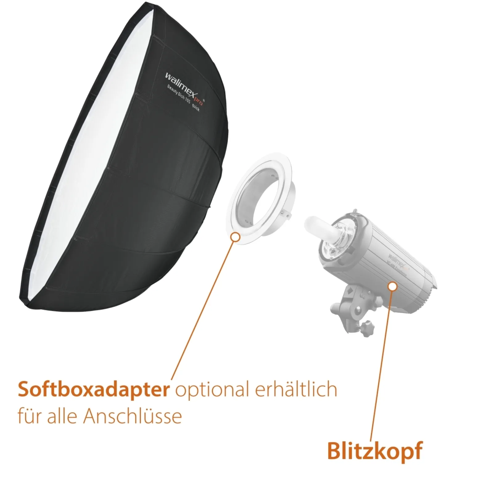 Walimex pro Beauty Dish Softbox - Ø1050 x 460 mm - Quick Assembly QA105 - faltbar, mit Grid, Innen- und Außendiffusor, Tasche - Fotografie für Speedlite Aufsteckblitz Studioblitz