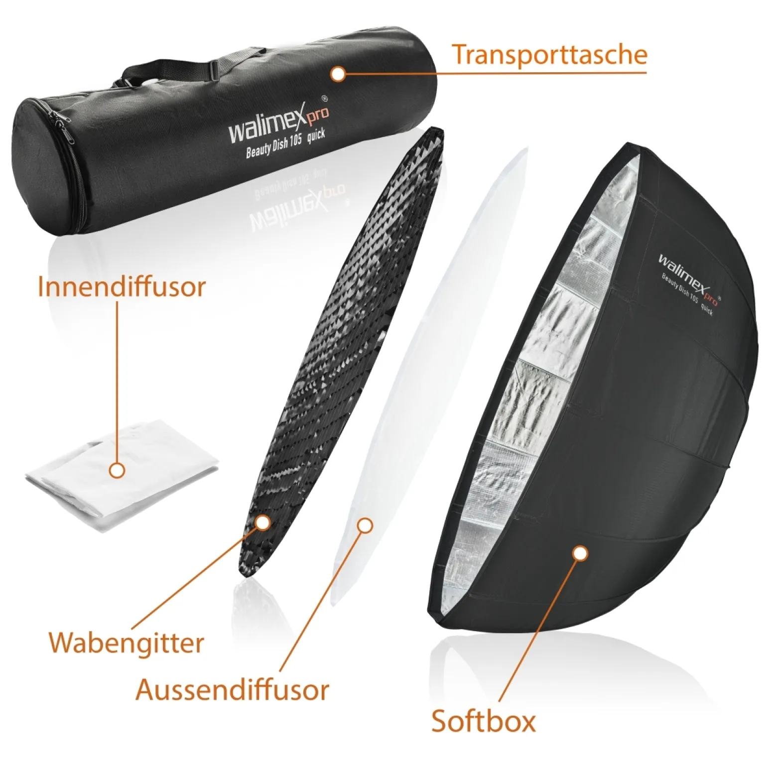 Walimex pro Beauty Dish Softbox - Ø1050 x 460 mm - Quick Assembly QA105 - faltbar, mit Grid, Innen- und Außendiffusor, Tasche - Fotografie für Speedlite Aufsteckblitz Studioblitz
