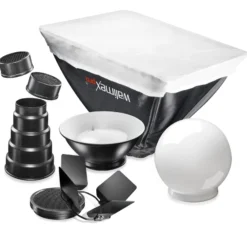 Walimex pro Blitzvorsätze 7tlg - mit Adapter, Diffusorkugel, Abschirmklappen, Softbox, Beauty Dish, Wabe - kompatibel mit Sony F32X und kompatibel mit Canon 430EX