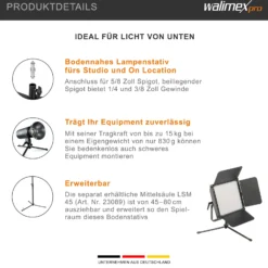 Walimex pro Boden Lampenstativ BL-K 12 cm mit 15 kg Tragkraft, Bodenstativ mit 5/8 Zoll Spigot plus 1/4 und 3/8 Zoll Gewinde, Lichtstativ für Fotostudio und Outdoor