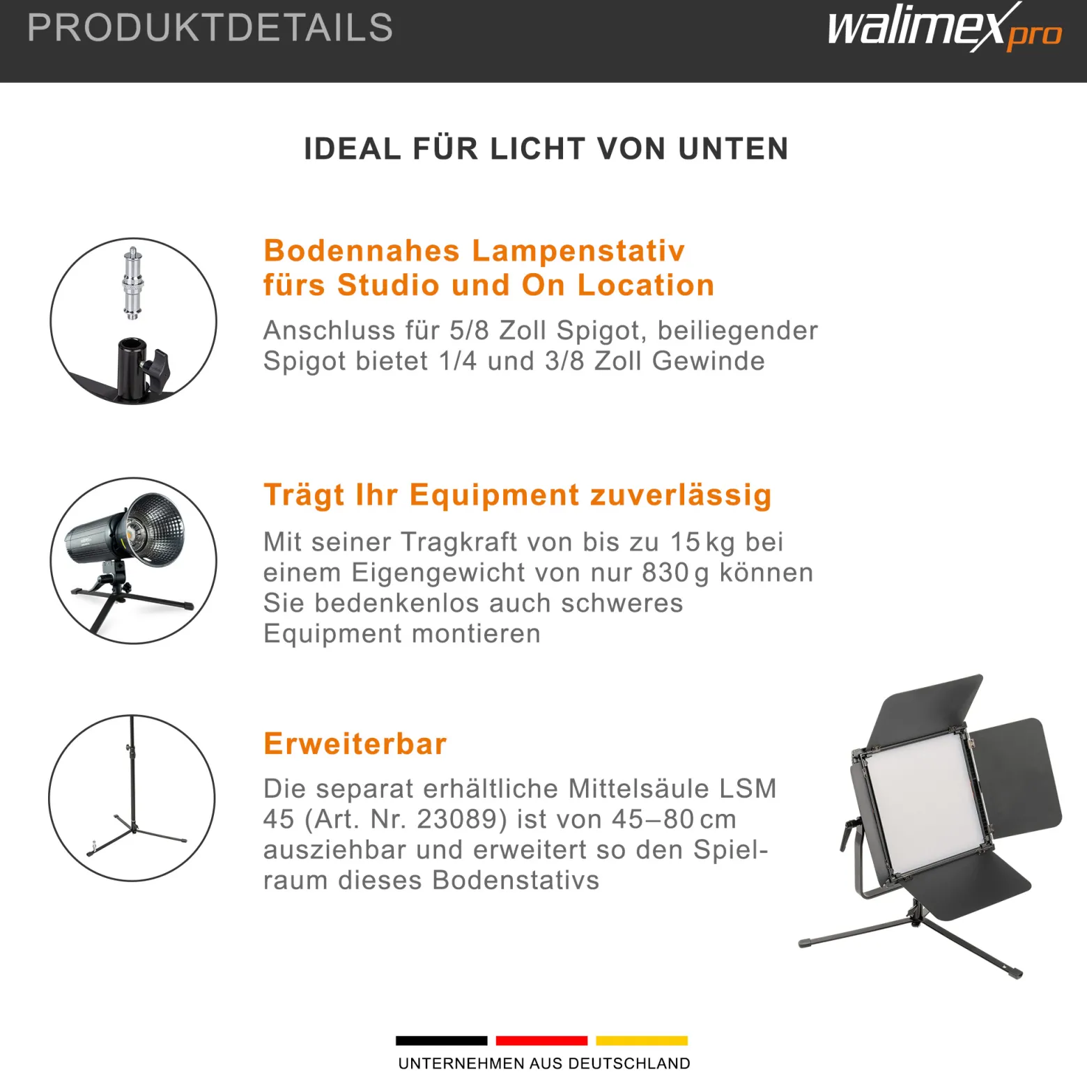 Walimex pro Boden Lampenstativ BL-K 12 cm mit 15 kg Tragkraft, Bodenstativ mit 5/8 Zoll Spigot plus 1/4 und 3/8 Zoll Gewinde, Lichtstativ für Fotostudio und Outdoor