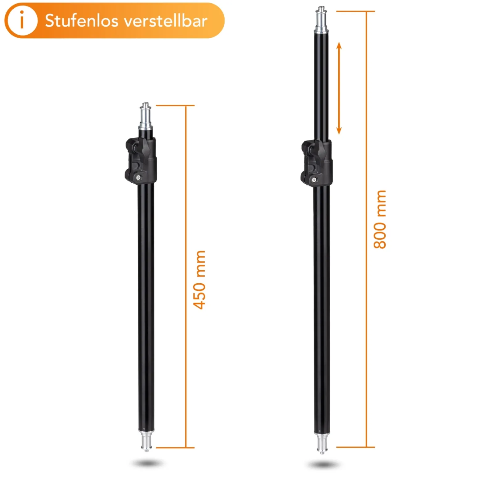 Walimex pro Boden Lampenstativ BL-K + Mittelsäule ausziehbar 45-80 cm, Lichtstativ mit 5/8 Zoll Spigot plus 1/4 und 3/8 Zoll Gewinde, Bodenstativ für Studioleuchte, Blitz und Mikrofon