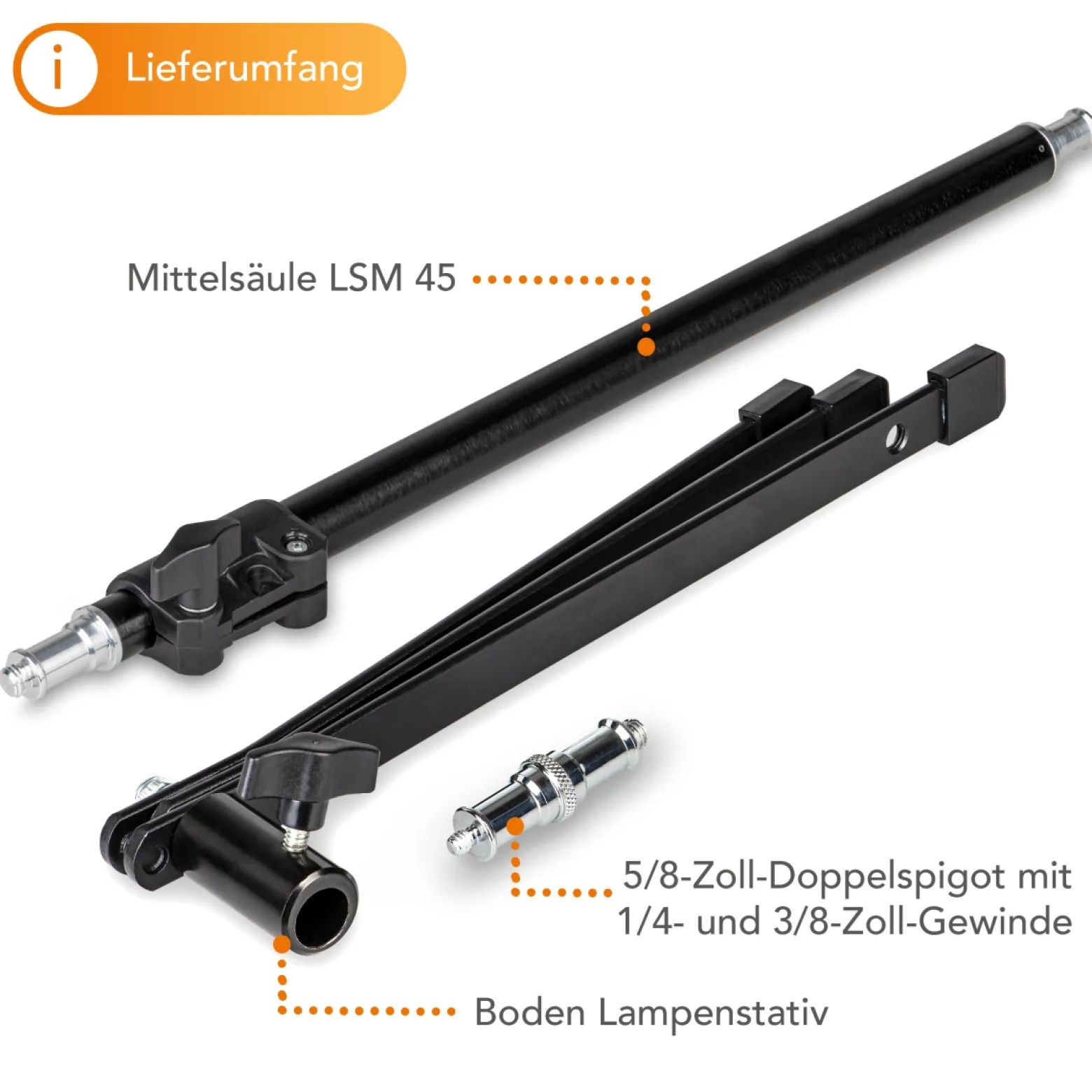 Walimex pro Boden Lampenstativ BL-K + Mittelsäule ausziehbar 45-80 cm, Lichtstativ mit 5/8 Zoll Spigot plus 1/4 und 3/8 Zoll Gewinde, Bodenstativ für Studioleuchte, Blitz und Mikrofon