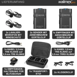 Walimex pro Boya 3er Set WM4 Pro K-2 Lavalier Kondensator Mikrofon - 60 m - mit 2x Sender und 1x Empfänger, 3,5 mm Klinkenstecker, 120 cm Kabel, Etui - für Video- und Audioanwendungen