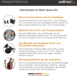 Walimex pro Boya 3er Set WM4 Pro K-2 Lavalier Kondensator Mikrofon - 60 m - mit 2x Sender und 1x Empfänger, 3,5 mm Klinkenstecker, 120 cm Kabel, Etui - für Video- und Audioanwendungen