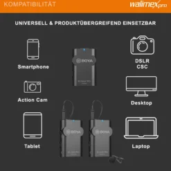 Walimex pro Boya 3er Set WM4 Pro K-2 Lavalier Kondensator Mikrofon - 60 m - mit 2x Sender und 1x Empfänger, 3,5 mm Klinkenstecker, 120 cm Kabel, Etui - für Video- und Audioanwendungen
