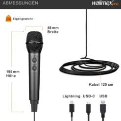 Walimex pro Boya HM2 Handmikrofon, Mikrofon mit USB-C Anschluss & 120 cm Kabel, Mikro für Handy zum Singen, Kopfhörerbuchse und Halterung für Mikrofonstativ