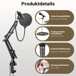 Walimex pro Boya HM2 Mikrofon + Mikrofonarm Set, Handmikrofon mit USB-C Anschluss & 120 cm Kabel, 360° Tischmikrofonarm mit Pop Filter & Windschutz