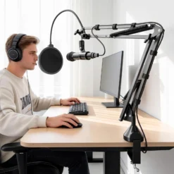 Walimex pro Boya HM2 Mikrofon + Mikrofonarm Set, Handmikrofon mit USB-C Anschluss & 120 cm Kabel, 360° Tischmikrofonarm mit Pop Filter & Windschutz
