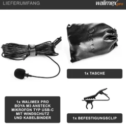 Walimex pro Boya M3 Ansteckmikrofon für USB C, leistungsstarkes Lavaliermikrofon 50 Hz-20 kHz, externes Mitkrofon mit USB-Adapterkabel, Lavalier-Mic für Video- und Audioanwendungen