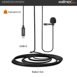 Walimex pro Boya M3 Ansteckmikrofon für USB C, leistungsstarkes Lavaliermikrofon 50 Hz-20 kHz, externes Mitkrofon mit USB-Adapterkabel, Lavalier-Mic für Video- und Audioanwendungen