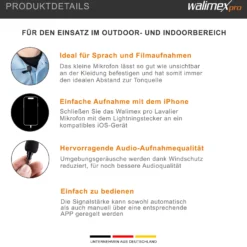 Walimex pro Boya M2 Ansteckmikrofon für iOS, leistungsstarkes Lavaliermikrofon 50 Hz-20 kHz, externes Mitkrofon mit Lightning-Adapterkabel, Lavalier-Mic für Video- und Audioanwendungen