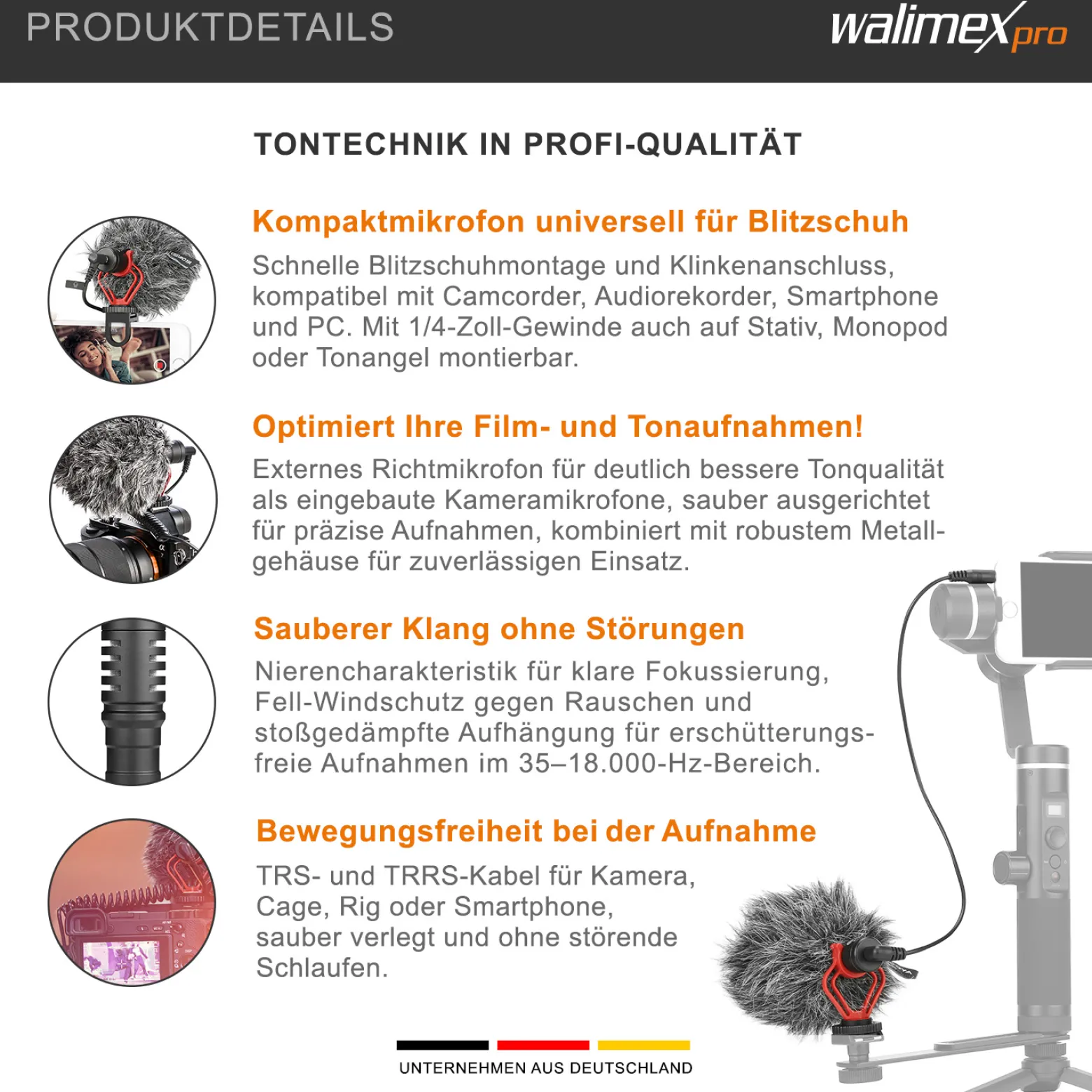 Walimex pro Boya MM1 Kompaktmikrofon universell für Blitzschuh, Kameramikrofon mit Klinkenstecker für Camcorder, Audiorekorder, Smartphone, PC, Mikrofon 35 Hz - 18 kHz, Nierencharakteristik