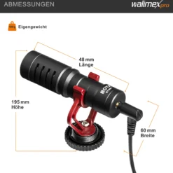 Walimex pro Boya MM1 Kompaktmikrofon universell für Blitzschuh, Kameramikrofon mit Klinkenstecker für Camcorder, Audiorekorder, Smartphone, PC, Mikrofon 35 Hz - 18 kHz, Nierencharakteristik