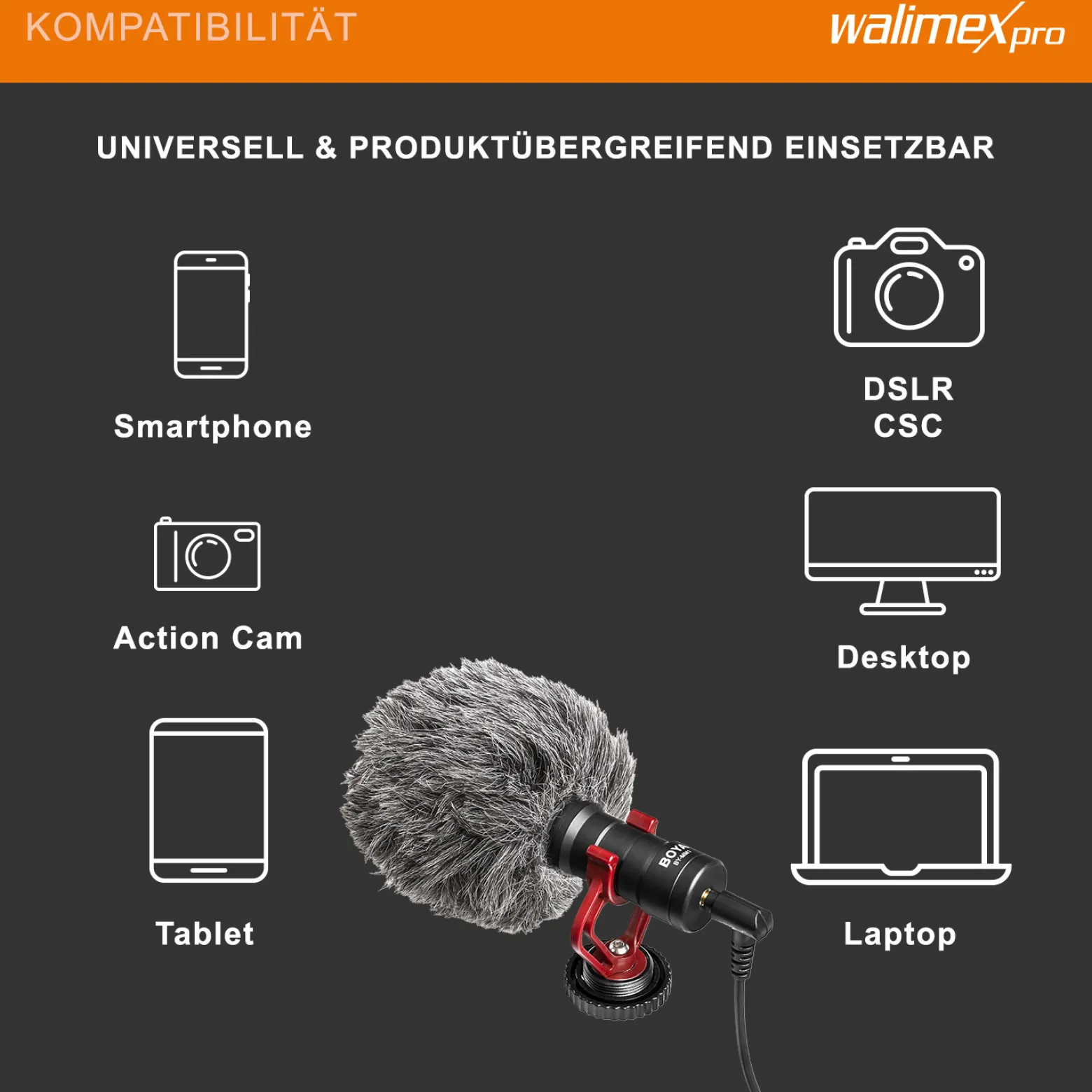 Walimex pro Boya MM1 Kompaktmikrofon universell für Blitzschuh, Kameramikrofon mit Klinkenstecker für Camcorder, Audiorekorder, Smartphone, PC, Mikrofon 35 Hz - 18 kHz, Nierencharakteristik